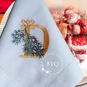 Embroidered Dinner Napkins for Christmas| Custom  hemstitch  Linen Dinner Napkins Monogrammed  | Present For Mom | Christmas Present For Her