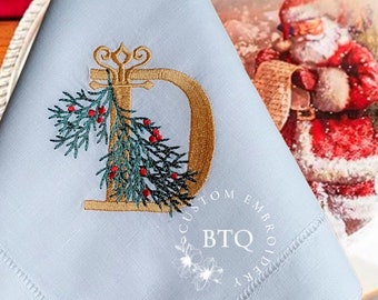 Embroidered Dinner Napkins for Christmas| Custom  hemstitch  Linen Dinner Napkins Monogrammed  | Present For Mom | Christmas Present For Her