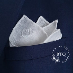 White Linen Pocket Square with Navy Blue Handrolled X Stitch - Fort  Belvedere