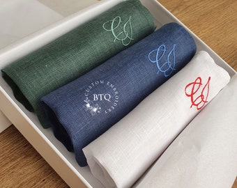 Monogrammed  linen handkerchief set of 3 |  Personalized hankies for man |  Gift for groomsmen| Reusable handkerchief