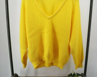 Vintage Jan Taylor Clothing Yellow Deep V Tight Knit Retro Sweater Size Large