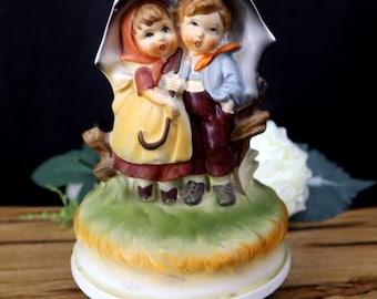 Vintage Chadwick Ceramic Boy Girl Under Umbrella Wind Up Musical Figurine