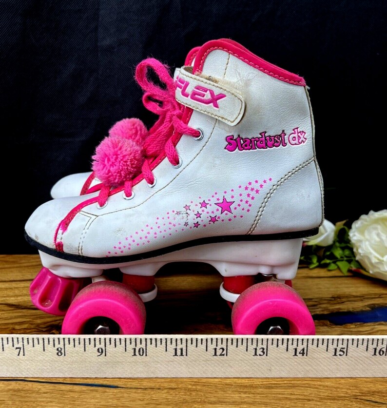 Vintage 80s 90s Variflex Youth Stardust DX Rosa Blanco Retro PomPom Patines imagen 2