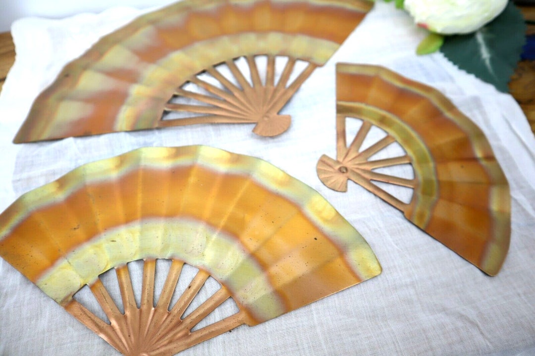 Vintage Mid Century Modern Fans Set Brass Copper Metal Wall Art Lot of ...