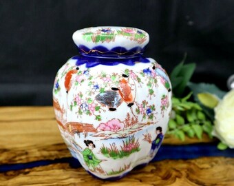 Vintage Handpainted Ginger Jar & Inner and Outer Lid Oriental Garden Chinese