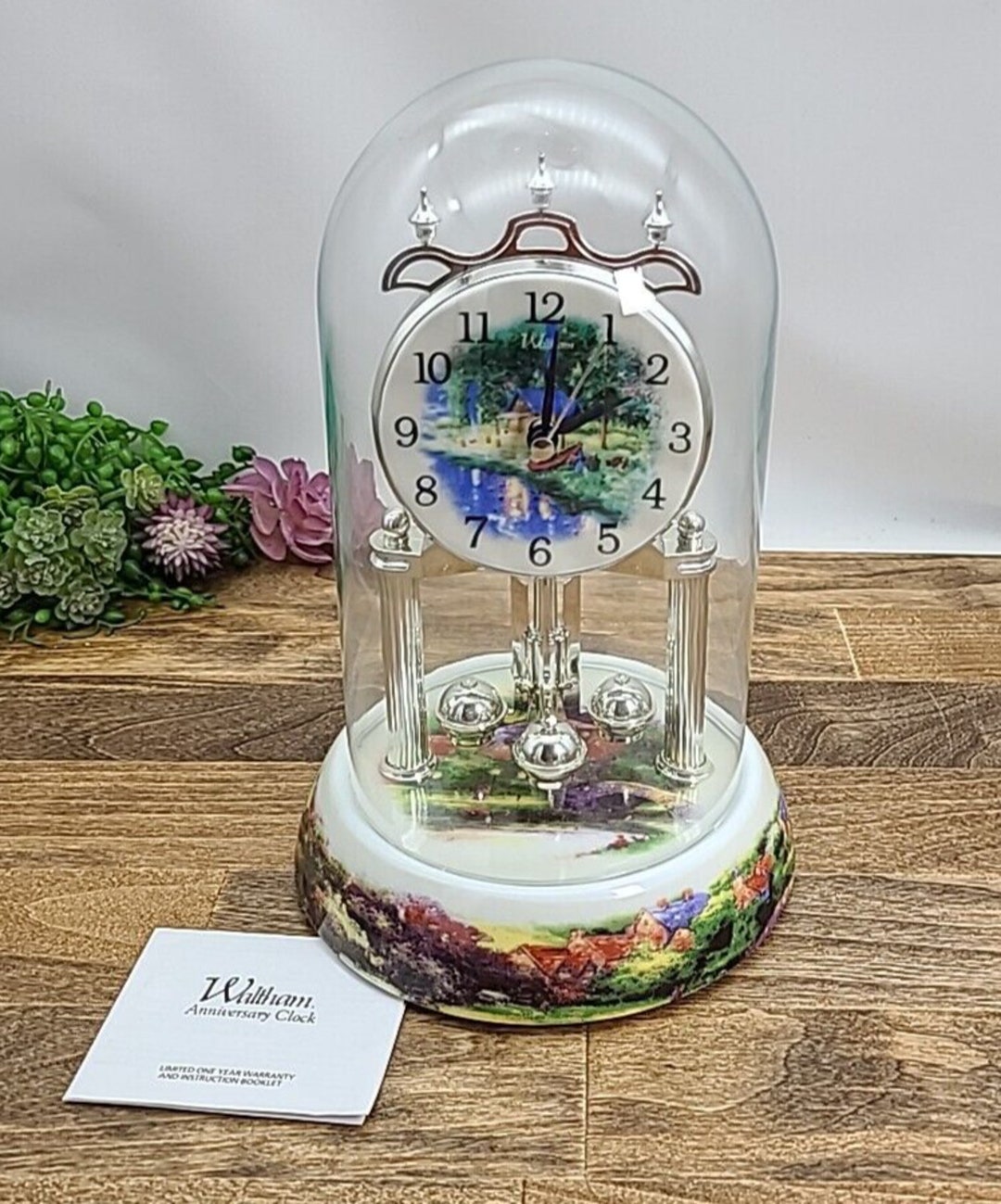 Waltham Anniversary Clock Chime Glass Lake Cabin With Glass Dome 9 VTG
