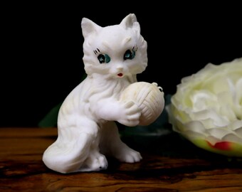 Vintage Cat Figurine with Yarn White with Blue Eyes Matte Finish Italy