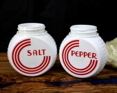 Vintage Fire King Vitrock Art Deco Red Circle Salt Pepper Shaker Exc. Graphics