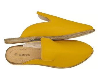 Handmade Leather Slippers: Women's Mustard Pointed Toe, Zero Drop Sole