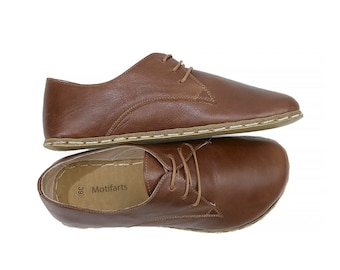 Men's Handmade Barefoot Brown Oxford Shoes - Zero Drop Sole Leather Daily Comfy Shoes