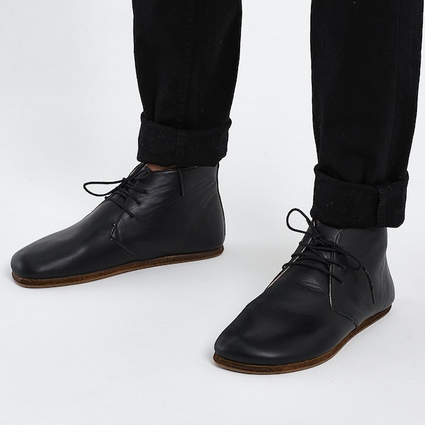 Men's Barefoot Oxford Black Ankle Boots - Wide Toe Box Leather Sole Handmade Boots - Ankle Oxford Tie Boots - Daily Basis Use Winter Boots