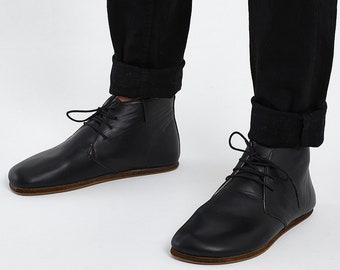 Men&#39;s Barefoot Oxford Black Ankle Boots - Wide Toe Box Leather Sole Handmade Boots - Ankle Oxford Tie Boots - Daily Basis Use Winter Boots