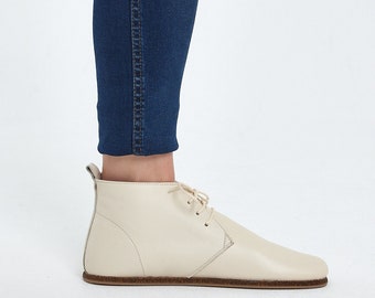 Damen Barfuß Oxford Creme Ankle Boots - Breite Zehenbox Ledersohle Handgefertigte Stiefel - Geschenk für sie - Tägliche Verwendung Winterstiefel