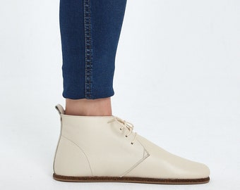 Women's Barefoot Cream Leather Ankle Boots: Wide Toe Handmade Oxfords