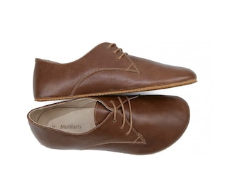 Men's Handmade Barefoot Brown Oxford Shoes - Zero Drop Sole Leather Daily Comfy Shoes