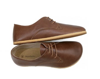 Men's Handmade Barefoot Brown Oxford Shoes - Zero Drop Sole Leather Daily Comfy Shoes