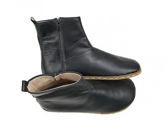 Bottines en cuir noires faites main, pieds nus avec fermeture à glissière - Usage quotidien Bottes d'hiver confortables - Bottes à bout large - Bottes Zero Drop