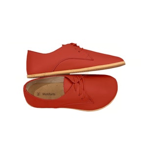 Women's Handmade Barefoot Red Oxford Shoes - Zero Drop Sole Leather Daily Comfy Shoes - Earthing Tie Organic Shoes
