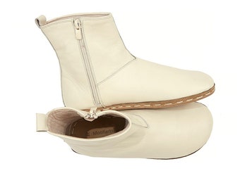Men's Handmade Cream Leather Barefoot Ankle Boots: Wide Toe, Zero Drop