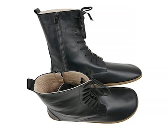 Lange schwarze Krawattenstiefel für Damen – Handgefertigte Bio-Winterstiefel mit Reißverschluss – Zero-Drop-Stiefel aus nachhaltigem Leder – Reisestiefel