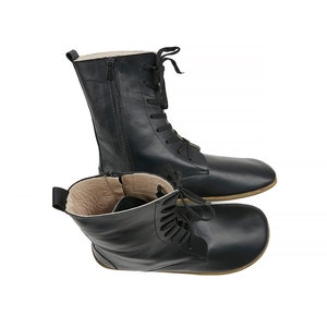 Men's Barefoot Long Black Tie Boots - Handmade Organic Winter Boots With Zipper - Sustainable Leather Zero Drop Boots - Travel Boots