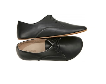 Women's Handmade Barefoot Black Oxford Shoes - Zero Drop Sole Leather Daily Comfy Shoes