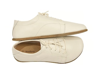 Handmade Cream Leather Barefoot Sneakers: Wide Toe Box Tie Shoes