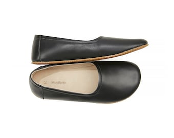 Women's Handmade Barefoot Flat Ballerinas - Black Zero Drop Sole Shoes - Daily Use Comfy Slip-Ons