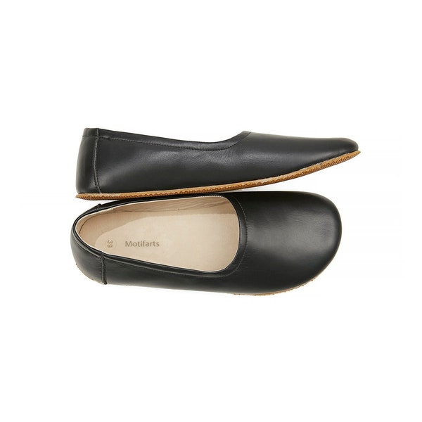 Women's Handmade Barefoot Flat Ballerinas - Black Zero Drop Sole Shoes - Daily Use Comfy Slip-Ons