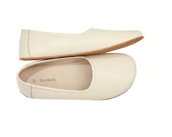 Women's Handmade Cream Flat Ballerinas - Bohemian Zero Drop