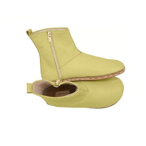 Women&#39;s Handmade Barefoot Yellow Leather Ankle Boots With Zipper - Daily Wear Comfy Winter Boots - Wide Toe Box Boots - Zero Drop Boots