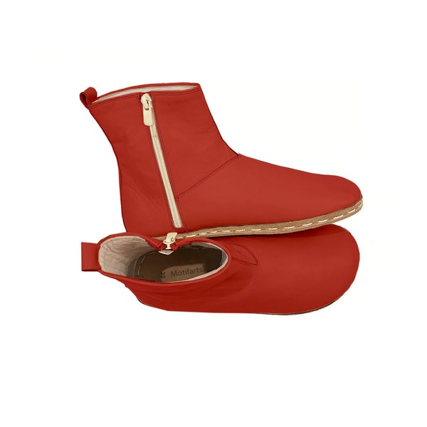 Women's Handmade Barefoot Red Leather Ankle Boots With Zipper - Daily Wear Comfy Winter Boots - Wide Toe Box Boots - Zero Drop Boots