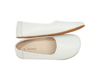 Women's Handmade White Flat Ballerinas - Bohemian Zero Drop Sole Shoes - Daily Use Comfy Slip-Ons - Barefoot Wide Toe Box Shoes