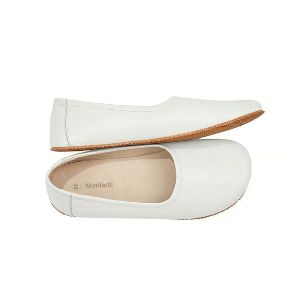 Women's Handmade White Flat Ballerinas - Bohemian Zero Drop Sole Shoes - Daily Use Comfy Slip-Ons - Barefoot Wide Toe Box Shoes