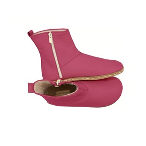 Women&#39;s Handmade Barefoot Fuschia Leather Ankle Boots With Zipper - Daily Wear Comfy Winter Boots - Wide Toe Box Boots - Zero Drop Boots