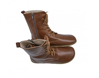 Men&#39;s Barefoot Long Brown Boots - Handmade Leather Winter Boots With Zipper - Sustainable Zero Drop Sole Boots - Organic Long Boots