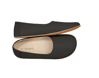 Women's Handmade Matte Black Flat Ballerinas - Bohemian Zero Drop Sole Shoes - Daily Use Comfy Slip-Ons - Barefoot Wide Toe Box Shoes