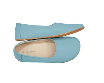 Women's Handmade Baby Blue Flat Ballerinas - Bohemian Zero Drop Sole Shoes - Daily Use Comfy Slip-Ons - Barefoot Wide Toe Box Shoes