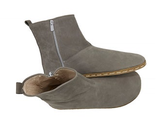 Botines descalzos de nobuk hechos a mano: botas de invierno grises de caída cero