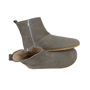 Men&#39;s Handmade Barefoot Nubuck Gray Ankle Boots With Zipper - Daily Wear Comfy Winter Boots - Wide Toe Box Boots - Zero Drop Boots