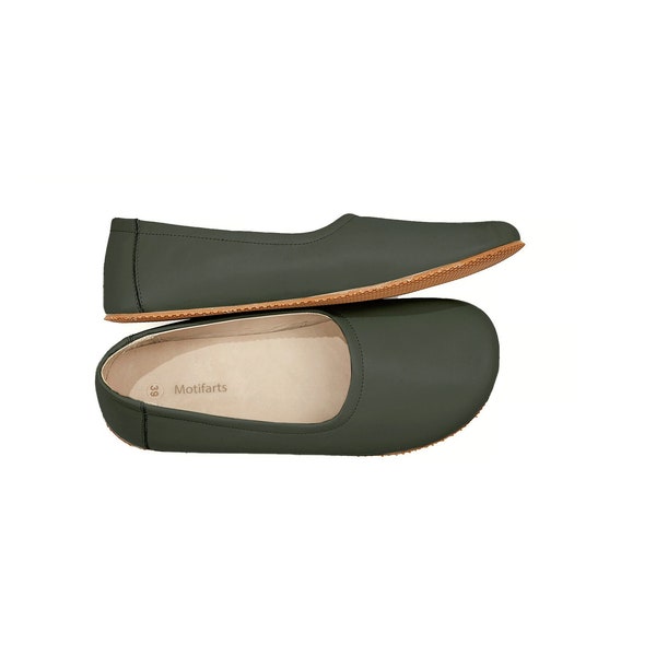 Women's Handmade Dark Green Flat Ballerinas - Bohemian Zero Drop Sole Shoes - Daily Use Comfy Slip-Ons - Barefoot Wide Toe Box Shoes
