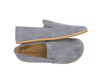 Women's Handmade Barefoot Suede Gray Slip-Ons - Zero Drop Sole Yemeni Shoes - Daily Use Comfy Slip-Ons