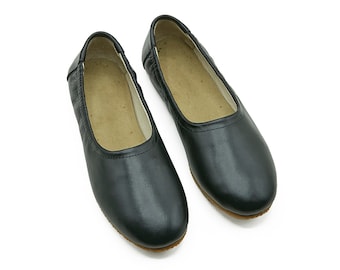 Women's Handmade Barefoot Flat Ballerinas - Black Zero Drop Sole Shoes - Daily Use Comfy Slip-Ons
