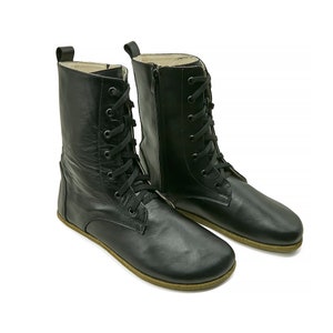 Men&#39;s Barefoot Long Black Tie Boots - Handmade Organic Winter Boots With Zipper - Sustainable Leather Zero Drop Boots - Travel Boots
