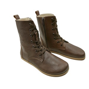 Men&#39;s Barefoot Long Dark Brown Tie Boots - Handmade Organic Winter Boots With Zipper - Sustainable Leather Zero Drop Boots - Travel Boots