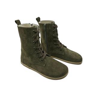 Men&#39;s Barefoot Long Green Tie Boots - Handmade Organic Winter Boots With Zipper - Sustainable Leather Zero Drop Boots - Travel Boots