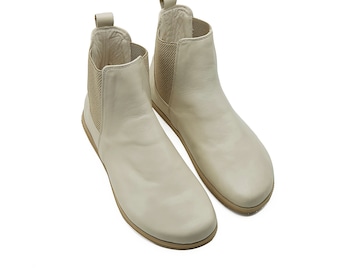 Women's Handmade Leather Barefoot Chelsea Boots - Cream Ankle Boots