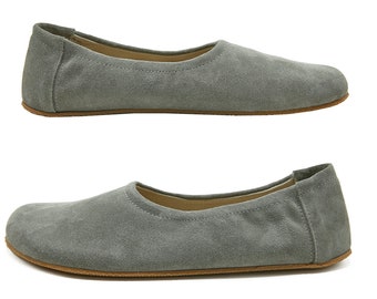 Women's Handmade Barefoot Flat Ballerinas - Suede Gray Zero Drop Sole Shoes - Daily Use Comfy Slip-Ons