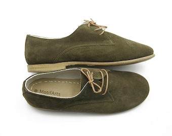 Handmade Suede Oxford Shoes: Green Turkish Yemeni Leather Shoes