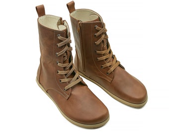 Handmade Leather Barefoot Boots: Long Tan Winter Travel Boots